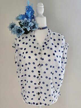 Blue Polka Dot Sheer Button Front Blouse Short Sleeve